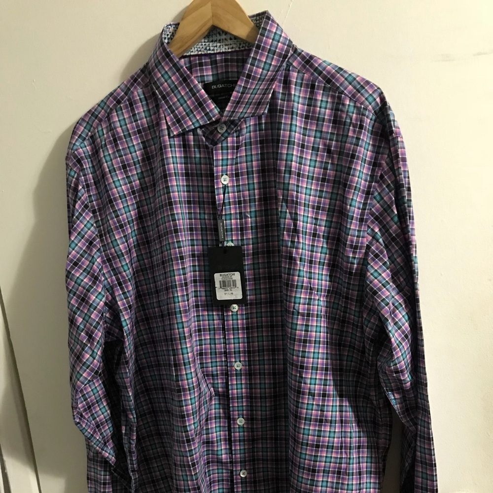 $149 Bugatchi Mens Turquoise Violet Plaid shirt
